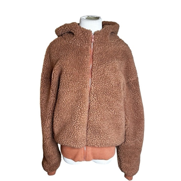 Fabletics summit teddy Sherpa hooded jacket in toffee outdoor sporty yoga - Picture 1 of 7